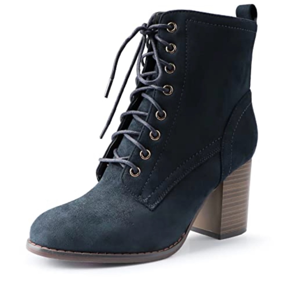 Journee Collection Baylor Navy Suede Lace Up Block Heel Ankle Boots Size 8